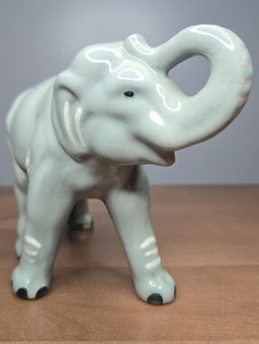 Lucky Elephant Figurine Small Porcelain Ceramic Grey Elephant Statue